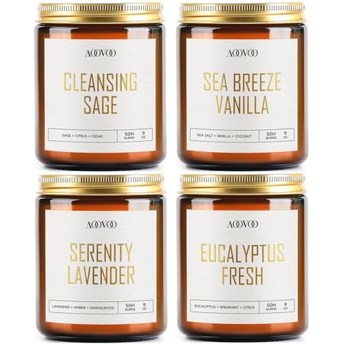 AOOVOO Scented Candle Set - 4PC, 36 oz Soy Candles AOOVOO Scented Candles - 4PC Candle Set, 36 oz Soy Candles, Soy Candle for Home Scented, Lavender/Vanilla/Eucalyptus/Sage