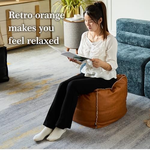51kXcwczrYL._SL500_.jpg Handmade Moroccan Pouf Cover in Faux Leather, 17.7" Square, Orange & Brown - Foot Rest for Living Room (Cover Only) - Image 3