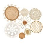 Boho Wall Basket Decor Set of 8 - Flat Woven Basket Wall Hanging Decor,Round Tassels White Macrame Tapestry Wall Decor Art,Handmade Rattan Wicker Seagrass Home Wall Baskets Decor(Boho Classic)