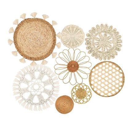 Boho Wall Basket Decor Set of 8 - Flat Woven Basket Wall Hanging Decor,Round Tassels White Macrame Tapestry Wall Decor Art,Handmade Rattan Wicker Seagrass Home Wall Baskets Decor(Boho Classic)