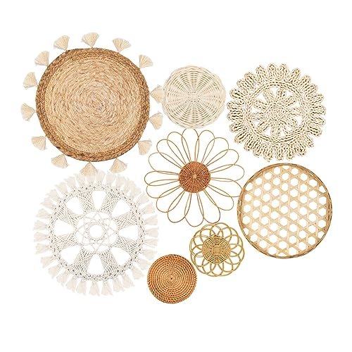 Boho Wall Basket Decor Set of 8 - Handmade Woven Boho Wall Basket Decor Set of 8 - Flat Woven Basket Wall Hanging Decor,Round Tassels White Macrame Tapestry Wall Decor Art,Handmade Rattan Wicker Seagrass Home Wall Baskets Decor(Boho Classic)