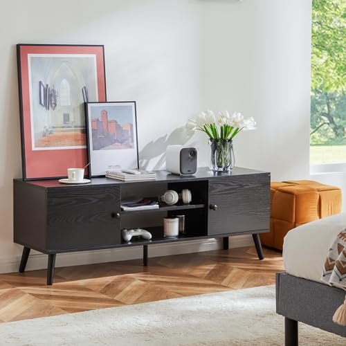 51nxJkGkpuL._SL500_.jpg Sweetcrispy TV Stand for 55-60 inch TVs, Modern Mid-Century Media Console with Storage, 2 Cabinets, Soft Hinge, Black Living Room/Office Furniture. - Image 7