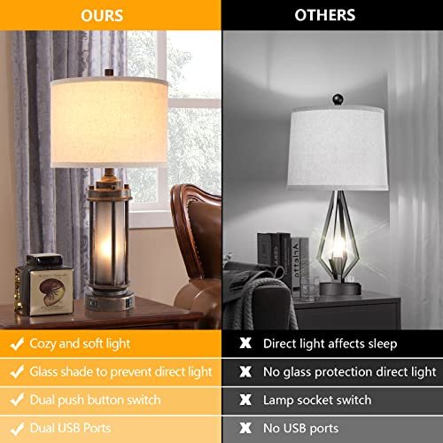 51o3Nd0INfL._SL500_.jpg Set of 2 Rustic Farmhouse Lamps with USB Ports & Frosted Glass Night Light - Bronze Finish - Image 2