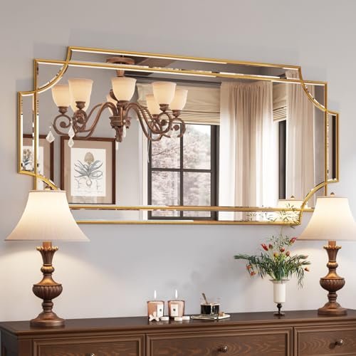 Kelly Miller 24"x48" Gold Beveled Wall Mirror - Traditional Decorative Kelly Miller 24"x48" Large Gold Mirror for Wall, Gold Traditional Wall Mirror Art Decorative Mirror Beveled Full Length Mirror Home Decor for Bathroom Living Room Bedroom Kitchen Farmhouse Entryway