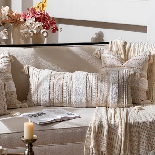 51tA2ltTJkL._SL500_.jpg BlissBlush 14x36 Boho Lumbar Throw Pillow Cover - Neutral Farmhouse Cushion for Living Room & Bedroom (Cover Only) - Image 3