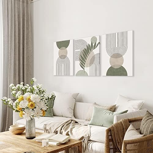 51uI1FXj67L._SL500_.jpg Sage Green Boho Wall Art Set of 3: Minimalist Framed Geometric Leaf/Sun/Moon Canvas, 12"x16" - Image 2