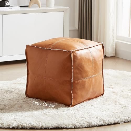 Handmade Moroccan Pouf Cover in Faux Leather, 17.7" Square, Orange Pouf Ottoman, Unstuffed Pouf Cover, Handmade Faux PU Leather Moroccan, Orange Brown 17.7" Square, Foot Rest for Living Room, Floor Chair Gifts for Men Women, (Only Cover)