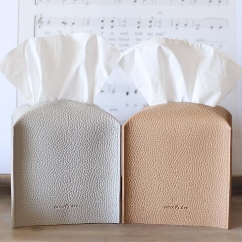 51uoGZXsPYL._SL500_.jpg Square PU Leather Tissue Box Cover with Bottom Belt by Carrot's Den | Decorative Organizer for Home & Office - Beige - Image 4