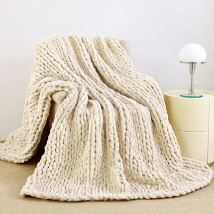 Admitrack Chunky Knit Blanket Throw 51"x63", 100% Hand Knit Chenille Throw Blanket for Sofa & Home Decor, Soft and Cozy Knitted Throw Blankets (Ivory,51"x63")