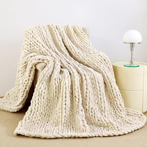 Admitrack 51"x63" Chunky Knit Chenille Throw Blanket: Soft, Cozy Home Admitrack Chunky Knit Blanket Throw 51"x63", 100% Hand Knit Chenille Throw Blanket for Sofa & Home Decor, Soft and Cozy Knitted Throw Blankets (Ivory,51"x63")