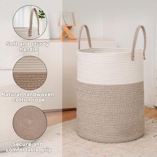 51wBXdW-BlL._SL500_.jpg JMvicyroam 60L Large Woven Laundry Basket – Cotton Rope Storage for Blankets, Toys, Clothes, and Nursery Decor. - Image 6