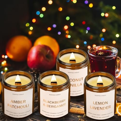 51wGC-YKcUL._SL500_.jpg 4-Pack 7oz Wood Wick Scented Candles in Amber Jars – Includes Amber Patchouli, Coconut Vanilla, Lemon Lavender, Blackberry Bergamot. Perfect Gift for Women! - Image 7