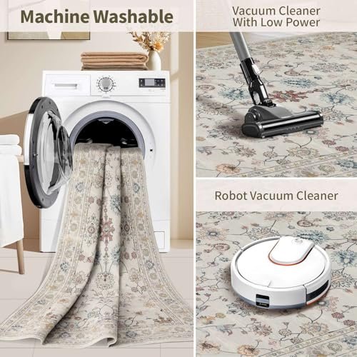 51wOiWTgmfL._SL500_.jpg Rugxara 5x7 Washable Floral Boho Vintage Area Rug - Soft, Non-Slip Low Pile Carpet for Bedrooms & Kids Rooms (Grey) - Image 5
