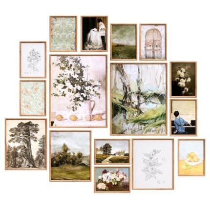 VEVOR 16 PCS Framed Wall Art Prints, Vintage Eclectic Art Decor, Gallery Wall Prints with 3 Sizes for Flexible Combinations, High Gloss & Low-Solubility Canvas, for Living Room, Bedroom, Bathroom