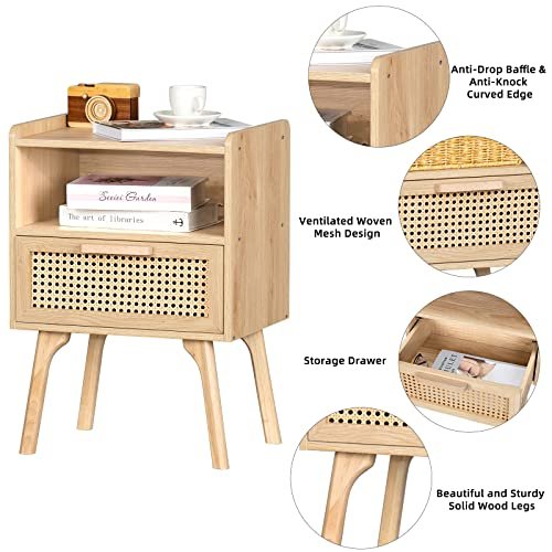 51yppp0MPTL._SL500_.jpg Lerliuo Rattan Nightstand: Boho Bedside Table with Drawer & Open Shelf, Solid Wood Legs, Natural Finish. Perfect for Bedrooms & Small Spaces. - Image 6