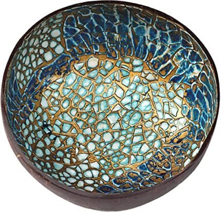ChezMax Natural Coconut Bowl with Mother of Pearl Inlays - Key Bowl & Fruit Snack Holder (Blue-Gold)