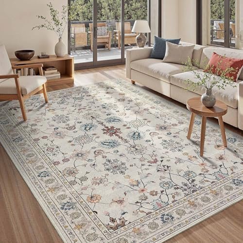Rugxara 5x7 Washable Floral Boho Vintage Area Rug - Soft, Rugxara 5x7 Area Rugs for Bedroom & Living Room - Washable Floral Boho Vintage Rug,Soft & Non-Slip,Low Pile Wool Carpet for Indoor Dining Room,Girls Room,Nursery Room and Kids Room(Grey)