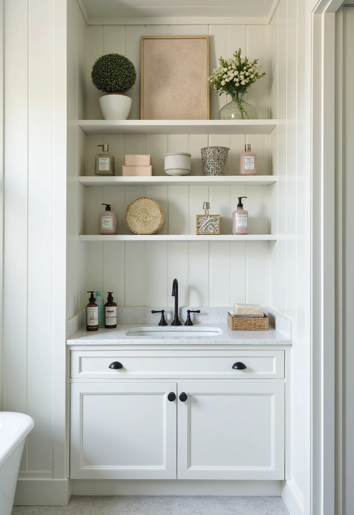 15 Transformaciones de Baños con Paredes de Cuentas que No Puedes Ignorar (¡La #8 es Increíble!) - 6. Integrando Estanterías