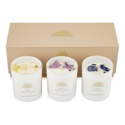 AVA CONCEPT Soy Candles with Healing Crystals. Amethyst, Lazurite, Citrine Crystal. Lavender, Sea Salt & Orchid, French Vanilla. Positivity Energy Gift for Women, 3PC Scented Candle Set 3.5 oz Each