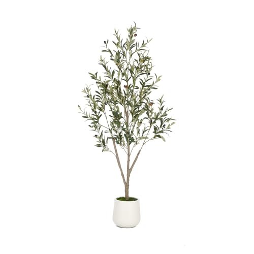 VIVATREES 5FT Artificial Olive Tree with White Planter – Realistic VIVATREES Olive Trees Artificial Indoor, 5FT Tall Faux Olive Tree with White Tall Planter, Artificial Plants with Natural Wood Trunk and Lifelike Fruits for Home Office Decor
