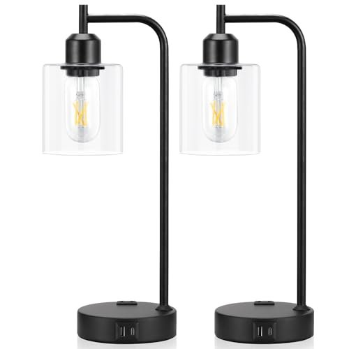 31igJpW2UnL._SL500_.jpg Set of 2 Industrial Touch Table Lamps - 3-Way Dimmable with USB Ports, Black Glass Shade for Bedroom & Office. - Image 8