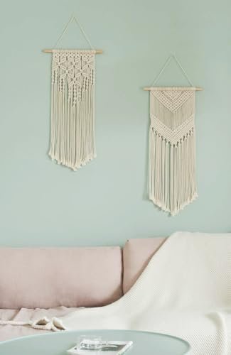 31iq2dMh8gL._SL500_.jpg Dahey 2-Piece Macrame Wall Hanging Set - Boho Chic Woven Art for Bedroom, Nursery, and Gallery. 13" W x 27" L & 13" W x 29" L. - Image 3