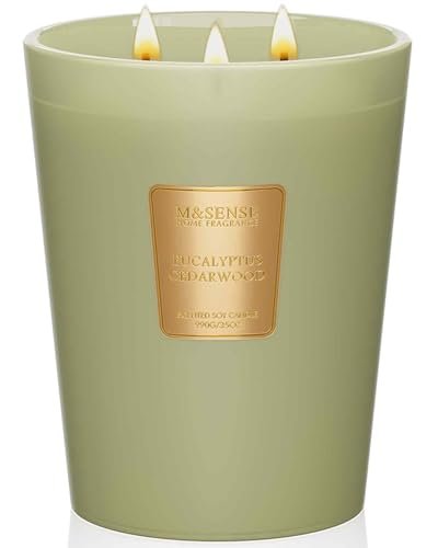 M&SENSE Eucalyptus & Cedarwood Scented Candle, 3 Wick 35oz Natural Soy Wax Candles for Home Scented, Green Candles Gift for Spring, 150 Hours Long Lasting Slow Burning