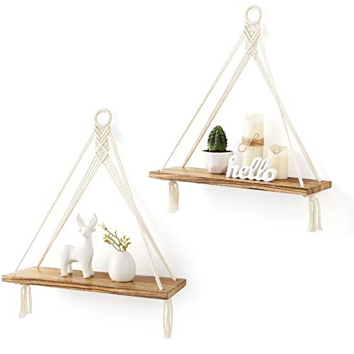 Mkono Macrame Hanging Shelves Set of 2 - Boho Wall Mkono Macrame Hanging Shelves Boho Wall Decor Set of 2 Rustic Wood Floating Storage Shelf for Bedroom Bathroom Living Room Nursery Dorm Room, Display Shelving for Hanging Plants Photos