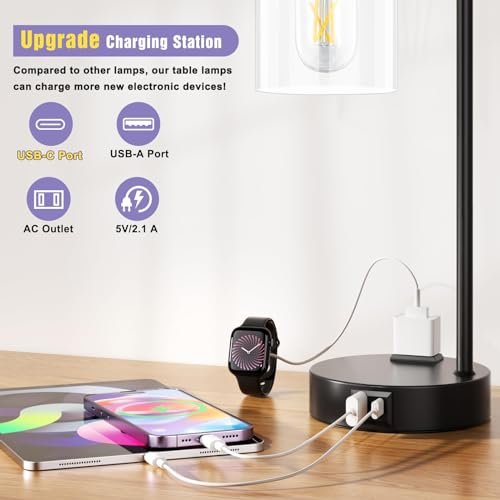 41-6et7hw7L._SL500_.jpg Set of 2 Industrial Touch Table Lamps - 3-Way Dimmable with USB Ports, Black Glass Shade for Bedroom & Office. - Image 2