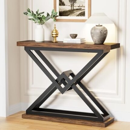 JUSTOGO 39.4" Console Table, Industrial Entryway Table Triangle Design for Living Room, Narrow Wood Sofa Tables for Hallway, Entrance, Foyer, Modern Accent Furniture Home Decor, Rustic Brown