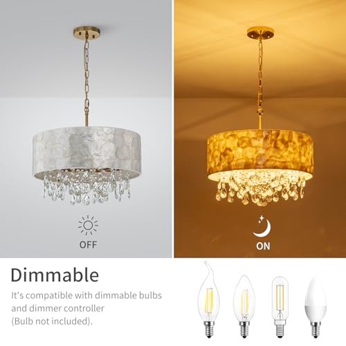 410sMssVI2L._SL500_.jpg LumFurn 4-Light Drum Capiz Shell Crystal Chandelier - Coastal Pendant for Dining Room, Adjustable D18x21-68" with Gold Finish. - Image 3