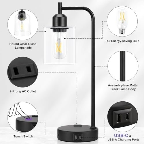 410tx0Pyc7L._SL500_.jpg Set of 2 Industrial Touch Table Lamps - 3-Way Dimmable with USB Ports, Black Glass Shade for Bedroom & Office. - Image 7
