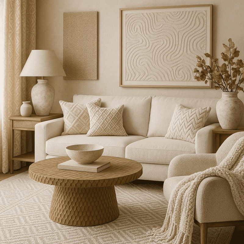 How can textures and patterns enhance neutral color palettes in living room design?