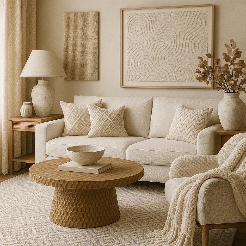How can textures and patterns enhance neutral color palettes in living room design?