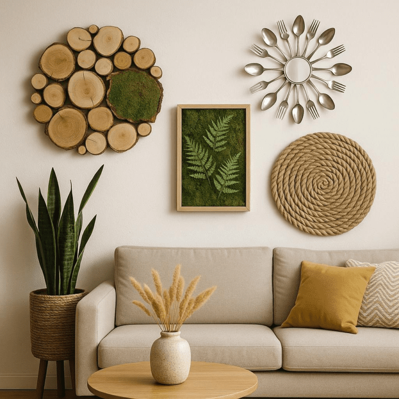 What are some unusual materials I can use for living room wall decor?