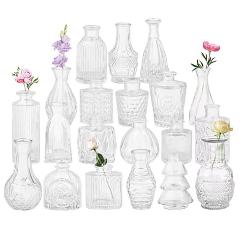 Set of 20 Clear Glass Bud Vases for Weddings, Party Set of 20 Glass Bud Vases,Small Clear Vases,Wedding Centerpiece Table Decorations,Clear Vintage Embossed Mini Vases,Flower Arrangements in for Party or Home Decor