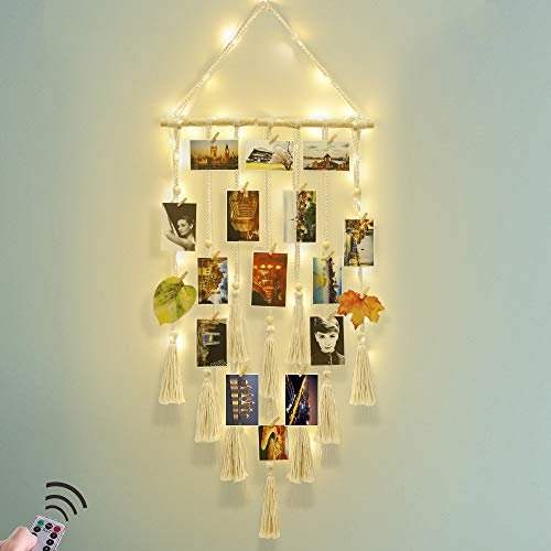 Homecor Macrame Photo Display: Boho Wall Decor with 30 Clip Homecor Hanging Photo Display Wall Decor, Macrame Wall Hanging Boho Room Bedroom Decor, Picture Frame Collage Board with Light 30 Clip, Christmas Teenage Teen Girl Gifts Ages 10 11 12 13 14 Years Old