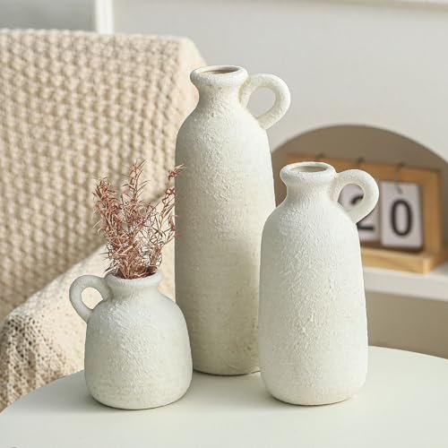 414Y322NFmL._SL500_.jpg Set of 3 Rustic Ceramic Vases with Handles - Whitewashed Farmhouse Décor for Home, Kitchen, Living Room. - Image 3