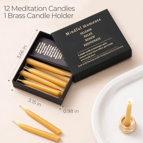416-SqvHOjL._SL500_.jpg Mindful Meditation Candle Set: 12 Mini Beeswax Taper Candles with Brass Holder for Relaxation & Reflection Gifts for Women (3 Sets) - Image 3