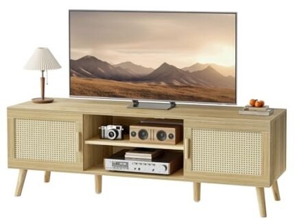 SUPERJARE Boho TV Stand for 65 Inch TV, Entertainment Center with Adjustable Shelf, Rattan TV Console with 2 Cabinets, Media Console, Solid Wood Feet, 4 Cord Holes, for Living Room - Natural