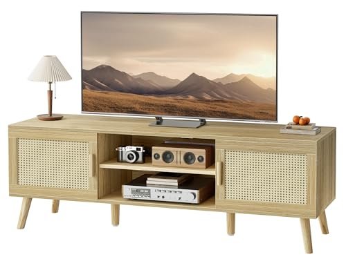 SUPERJARE Boho TV Stand for 65-Inch TVs, Adjustable Rattan Media SUPERJARE Boho TV Stand for 65 Inch TV, Entertainment Center with Adjustable Shelf, Rattan TV Console with 2 Cabinets, Media Console, Solid Wood Feet, 4 Cord Holes, for Living Room - Natural