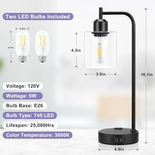 416eRAjECxL._SL500_.jpg Set of 2 Industrial Touch Table Lamps - 3-Way Dimmable with USB Ports, Black Glass Shade for Bedroom & Office. - Image 4