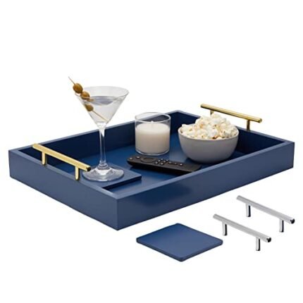 Juvale Blue Serving Tray for Coffee Table Decor with Coasters, Decorative Interchangeable Gold & Silver Handles (16x12 Tray)