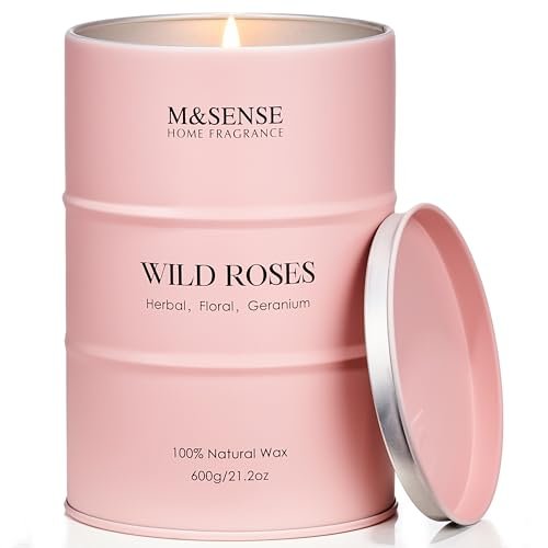 M&SENSE Wild Rose Large Scented Candle - 120 Hours of M&SENSE Wild Rose Large Natural Scented Candle, 120 Hours Long Lasting Soy Candles 21.2oz, Stress Relief Luxury Aromatherapy Candles for Women, Romantic Candle Valentines Day Gifts for Her