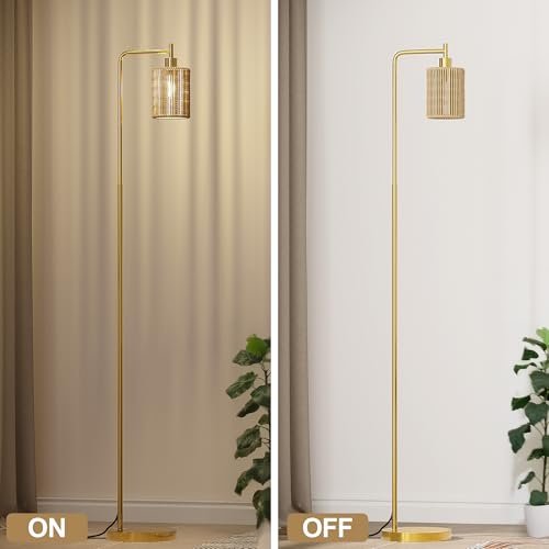 418Cx7CAJoL._SL500_.jpg Oneach 66" Gold Floor Lamp: Boho Rattan Shade Lamp with LED Bulb & Foot Switch for Home & Office. - Image 3