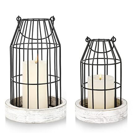 Rustic Wire Metal Cloche Set of 2 Candle Lantern Decorative Indoor Outdoor Vintage Cage Candle Holders Modern Farmhouse Decor for Fireplace Mantle Entryway Living Room Kitchen Dining Table Centerpiece