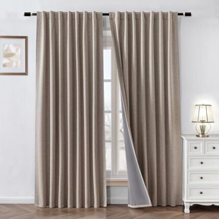 Zyvola 100% Blackout Curtains 84 inch Length 2 Panels Faux Linen Long Drapes for Bedroom Living Room Black Out Room Darkening Curtain Thermal Insulated Back Tab Rod Pocket(W52 x L84, Beige)