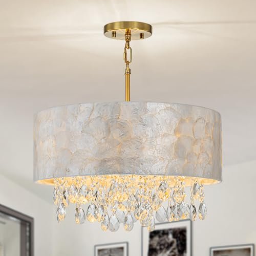 41Aepa7rT2L._SL500_.jpg LumFurn 4-Light Drum Capiz Shell Crystal Chandelier - Coastal Pendant for Dining Room, Adjustable D18x21-68" with Gold Finish. - Image 4
