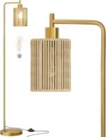 Oneach 66" Gold Floor Lamp for Living Room, Boho Floor Lamp with LED Bulb, Foot Switch, Rattan Shade, Industrial Tall Farmhouse Standing Lamp for Bedroom, Dining Room, Study Room, Office
