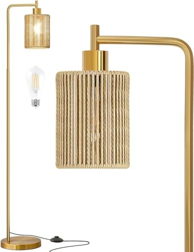 Oneach 66" Gold Floor Lamp for Living Room, Boho Floor Lamp with LED Bulb, Foot Switch, Rattan Shade, Industrial Tall Farmhouse Standing Lamp for Bedroom, Dining Room, Study Room, Office